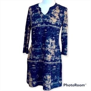 Neesha Jellabah Shift Dress Navy and Brown Unique V Neck Size Large‌‌‌